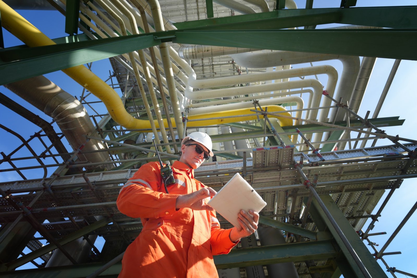 Professional engineer working in a petroleum refinery, Oil refinery and gas processing plant.